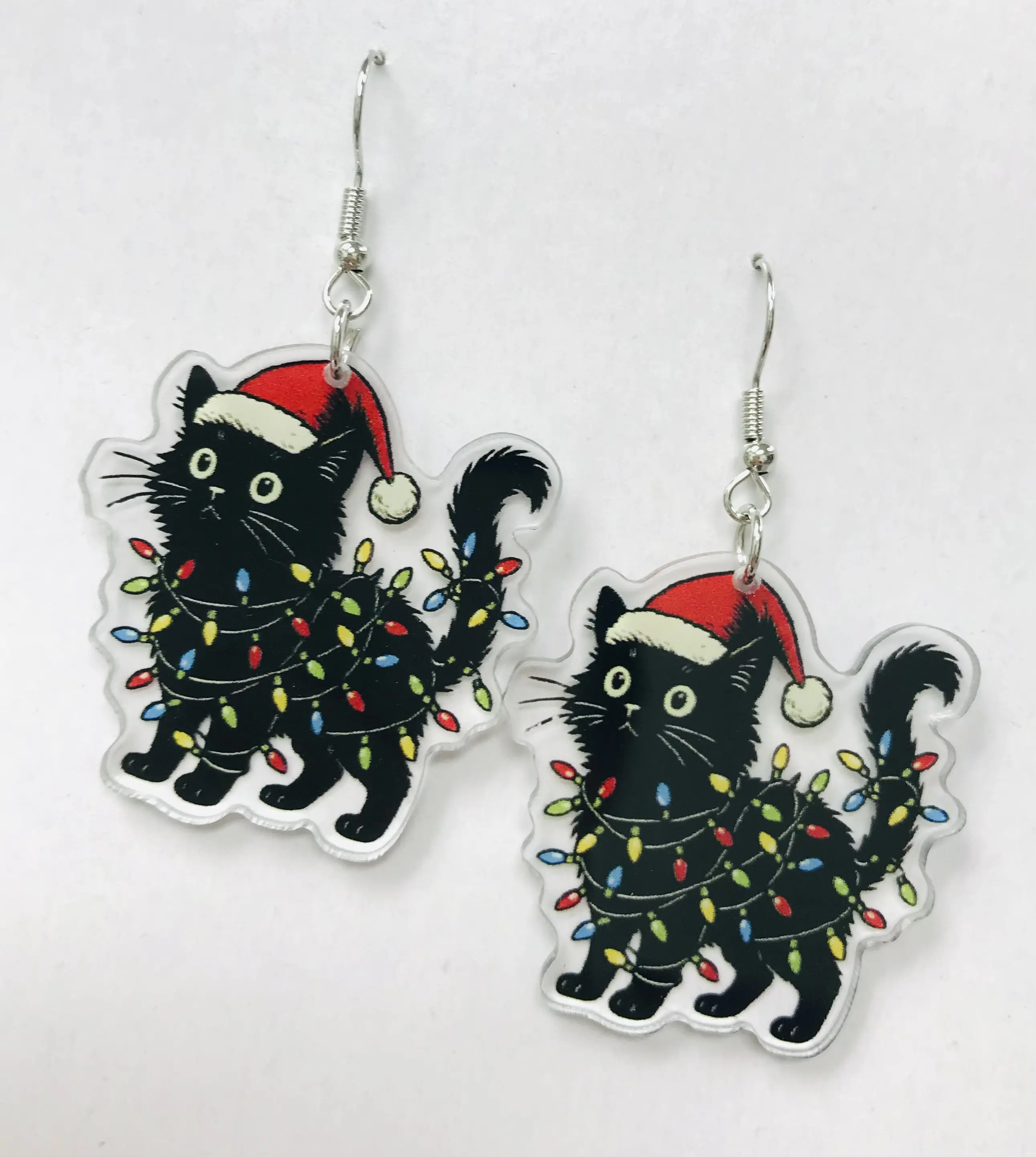 Black Cat with Christmas Lights earrings