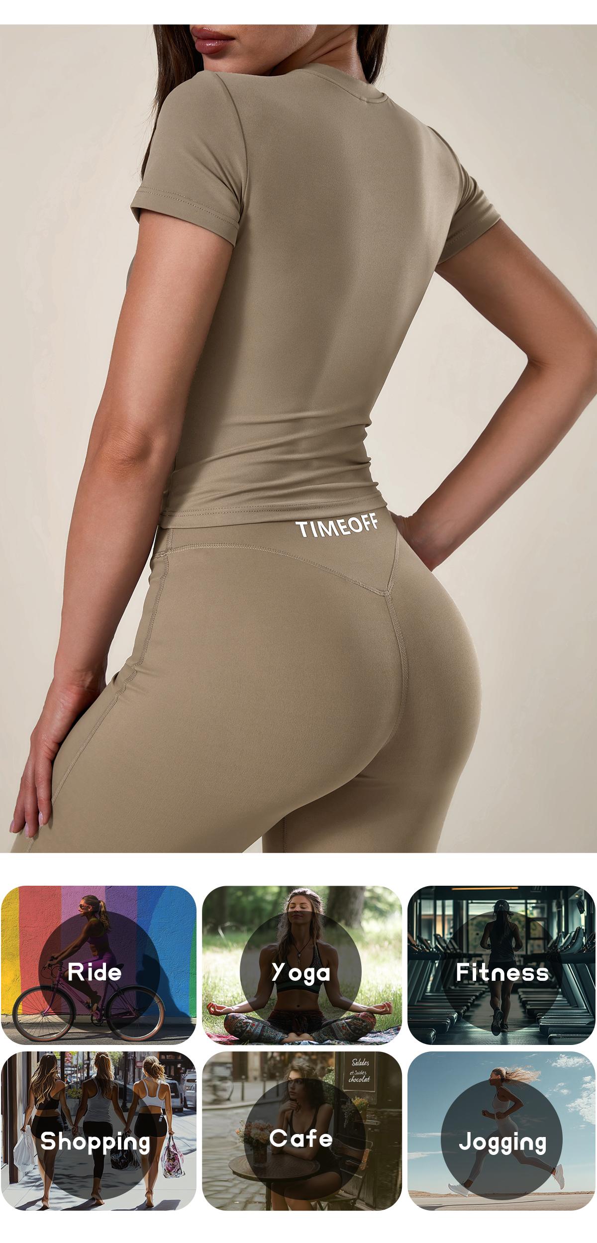 TimeOFF Women's 2-Piece Short Sleeve Workout Set - Fitted Crop Top & High Waist Wide Leg Pants, 4-Way Stretch Soft Fabric, Butt-Lifting Sculpt Seam, Tummy Control, Non-Ride Up, Breathable, Ideal for Yoga, Gym, Women's Clothes, 2 Piece Sets