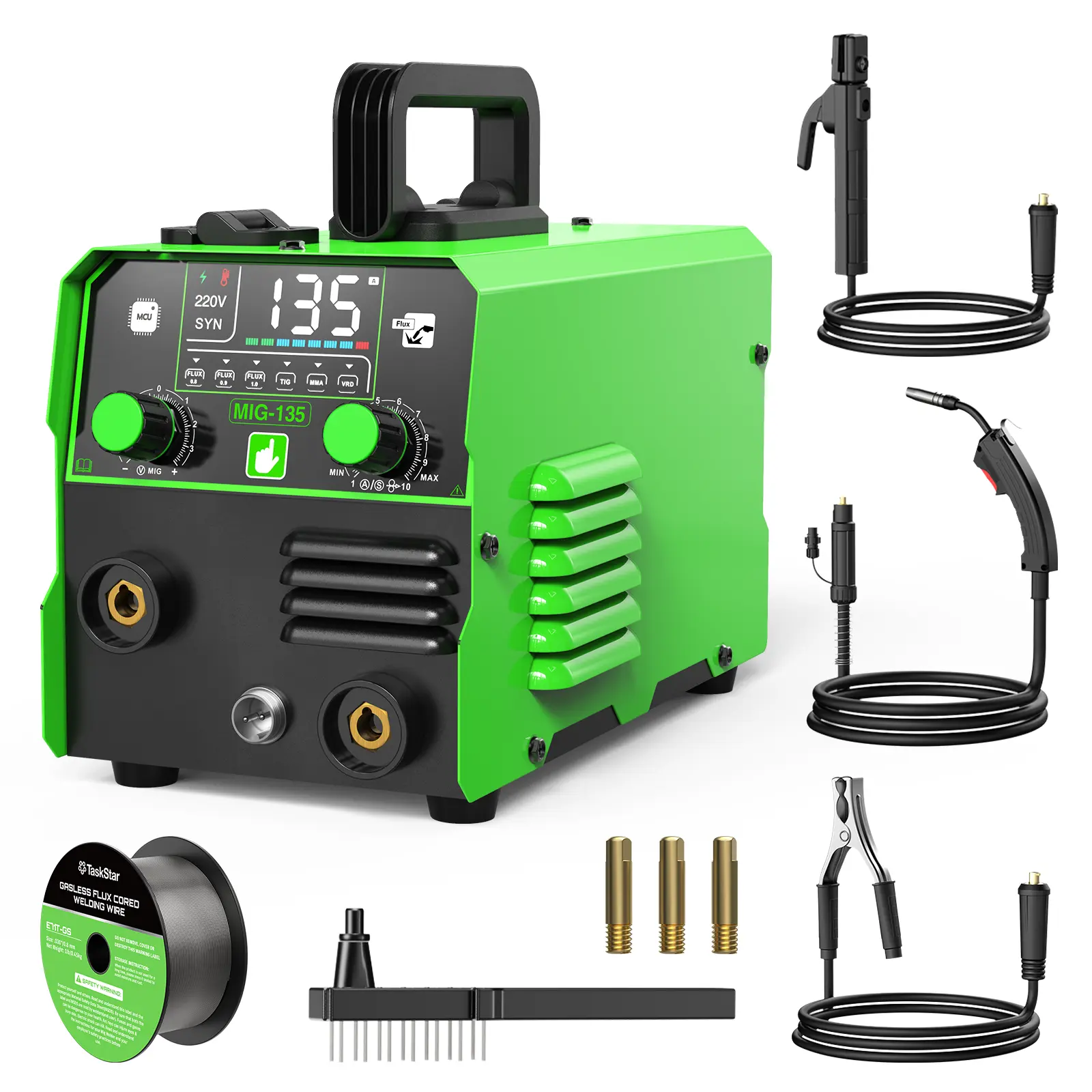 Taskstar 135A Model MIG Welder Full Kit, 110V Flux-Cored Wire 3-In-1 (Gasless MIG-Lift TIG-Stick) with Coordinated Control, LED Display, Suitable for Home DIY, Auto Repair, Mild Steel Welding; Beginners-Friendly