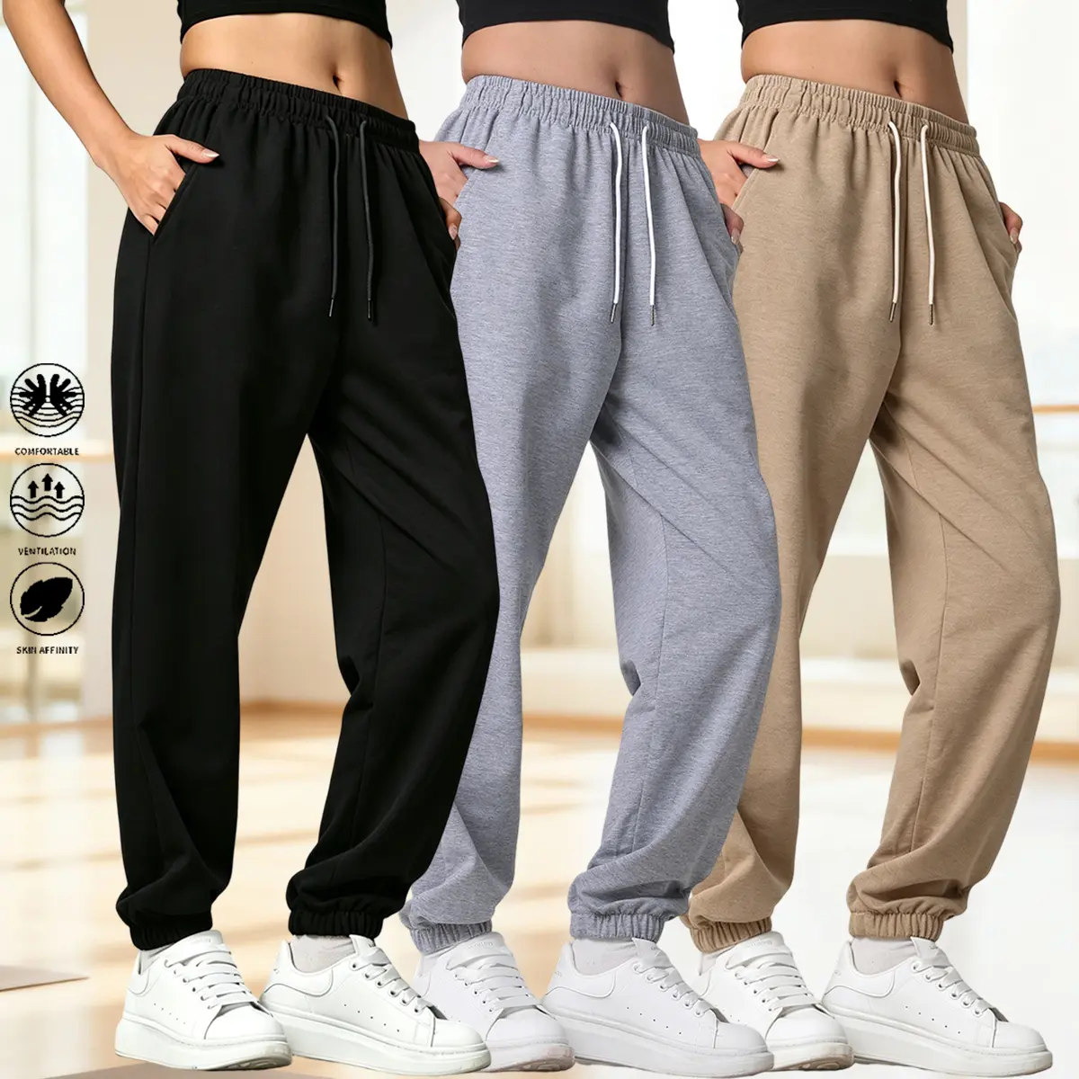 Women's 3-Pack Comfy Baggy Sweatpants, Soft Polyester Athletic Pants with an Elastic Drawstring Waist for Gym Outfits & Workout Wear, Polyester Clothing, Comfy Pants, Women's Pants Multi Pack