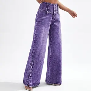 ROAD MARKINGS Women's High Waist Tall Stretch Straight Leg Jeans - Loose, Retro, Washed, Button-Accented, Comfortable Streetwear Bottoms for Apron Belly