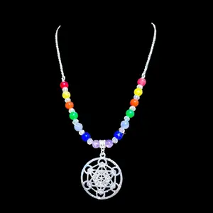 Arkangel Metatron and 7 Chakras Necklace with Colorful Beads and Symbolic Pendant
