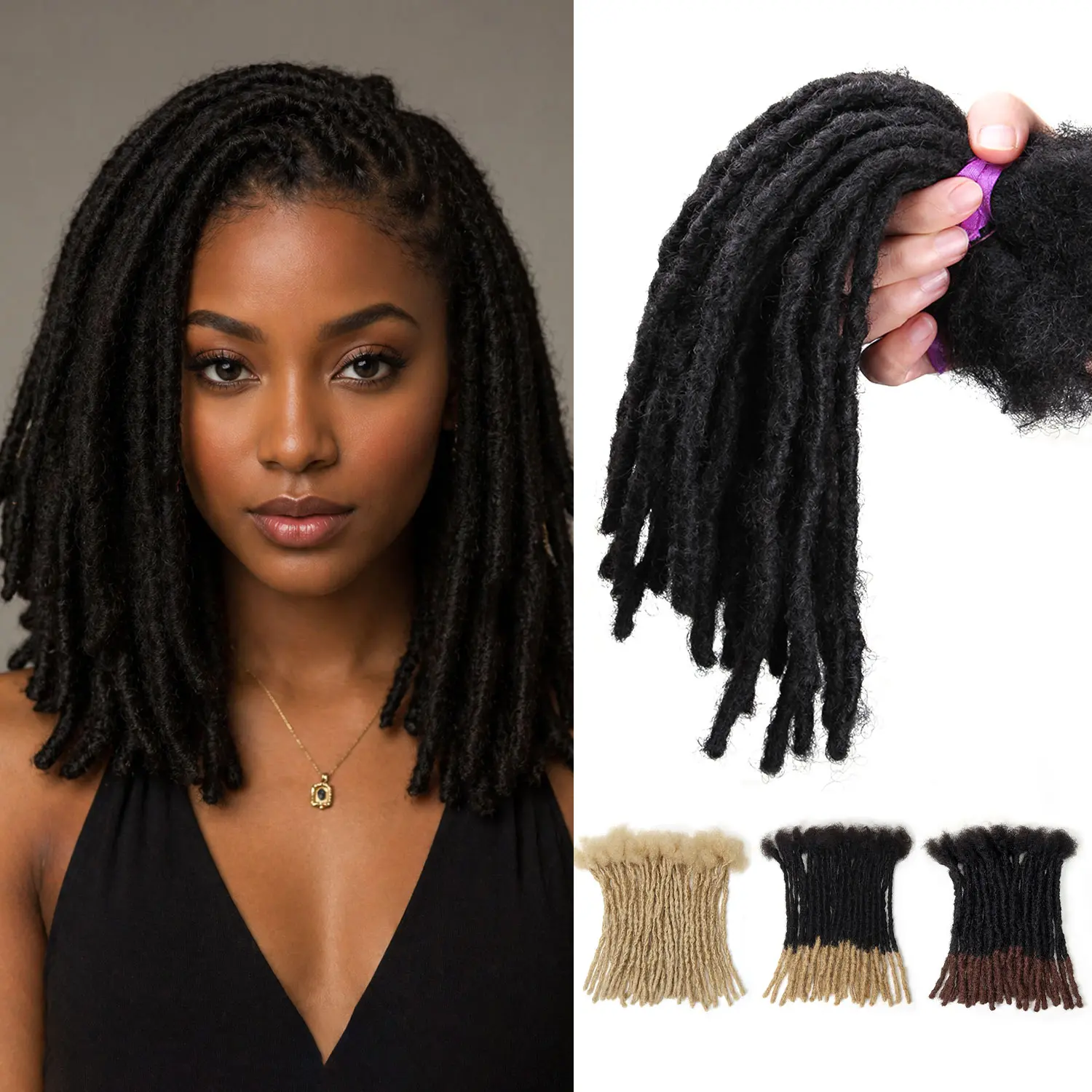 Beauday Interlocking Loc Extensions Human Hai, 0.6cm Width 100% Human Hair Dreadlock Extensions, Soft Human Hair Dreads Extensions