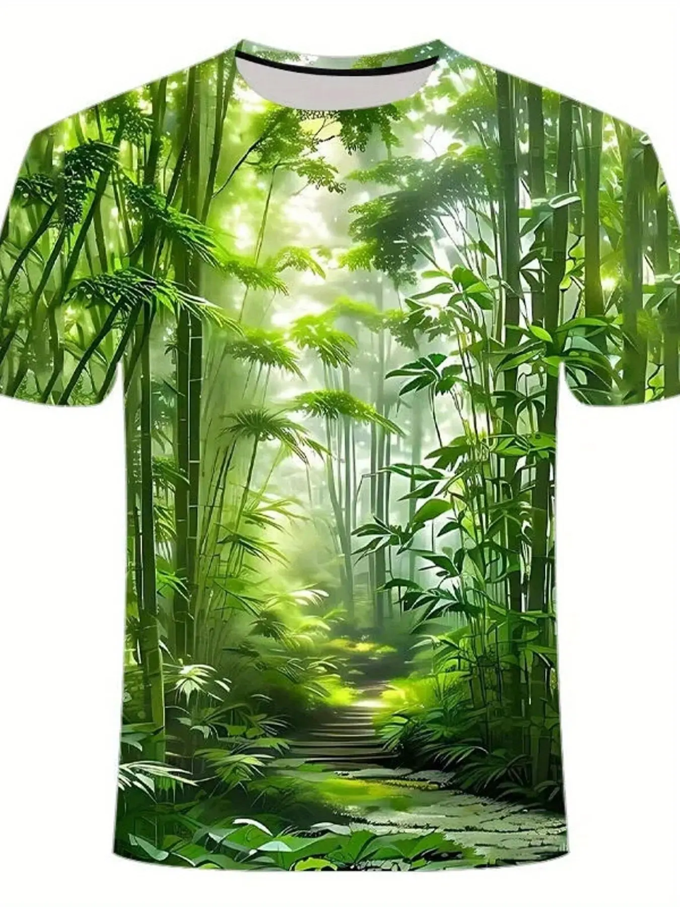 Men's Summer Bamboo Rayon All-Over Forest Print Short-Sleeve Round Neck T-Shirt - Breathable Fabric, Casual Day Wear, Leisure Comfort