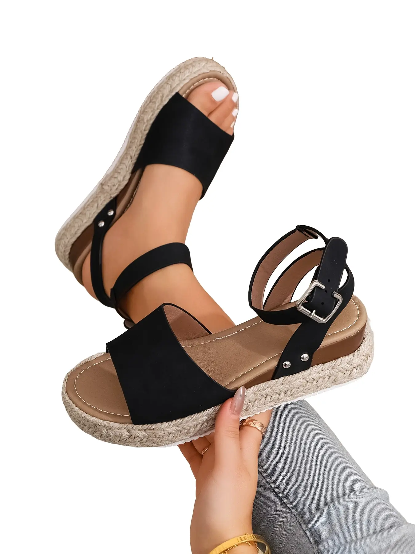 Women's Solid Color Summer Casual Comfortable Buckle Design Sandals, Lightweight Flat Shoes, Everyday Wear, Espadrille Platform Wedge Heels