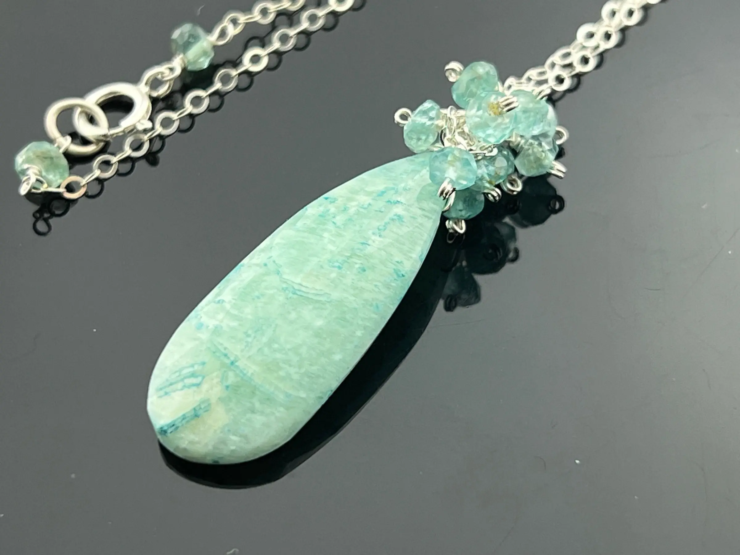 Amazonite and Apatite 925 Sterling Silver Cluster Necklace • Natural Blue-Green Gemstone Jewelry