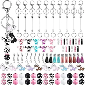 108pcs bead keychain set, including 10 keychains, 10 lobster chains, 28 round beads, 10 bull head beads, 10 tassels, 10 bull pendants, and 30 spacer beads DIY craft gifts Halloween gifts Christmas gifts