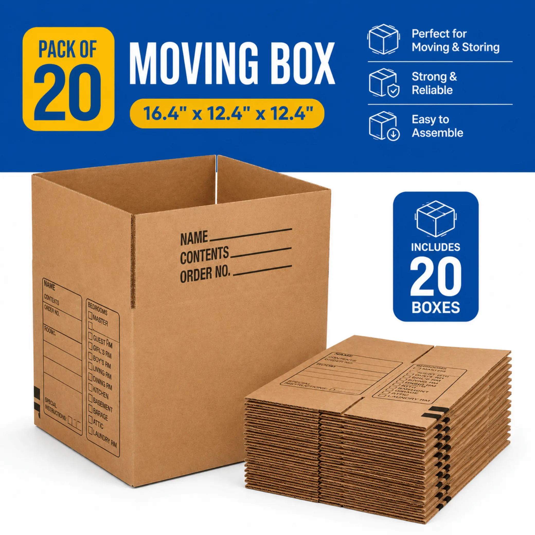 Medium Corrugated Cardboard Storage Boxes, 20-Pack, 16.4x12.4x12.4 In, for Home Organizing, Moving