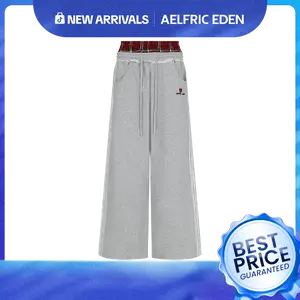 Aelfric Eden Women's Double Waist Plaid Patchwork Cotton SweatPants Baggy Wide Leg Long Pants with Pockets Fitted Casual Bottoms Plain