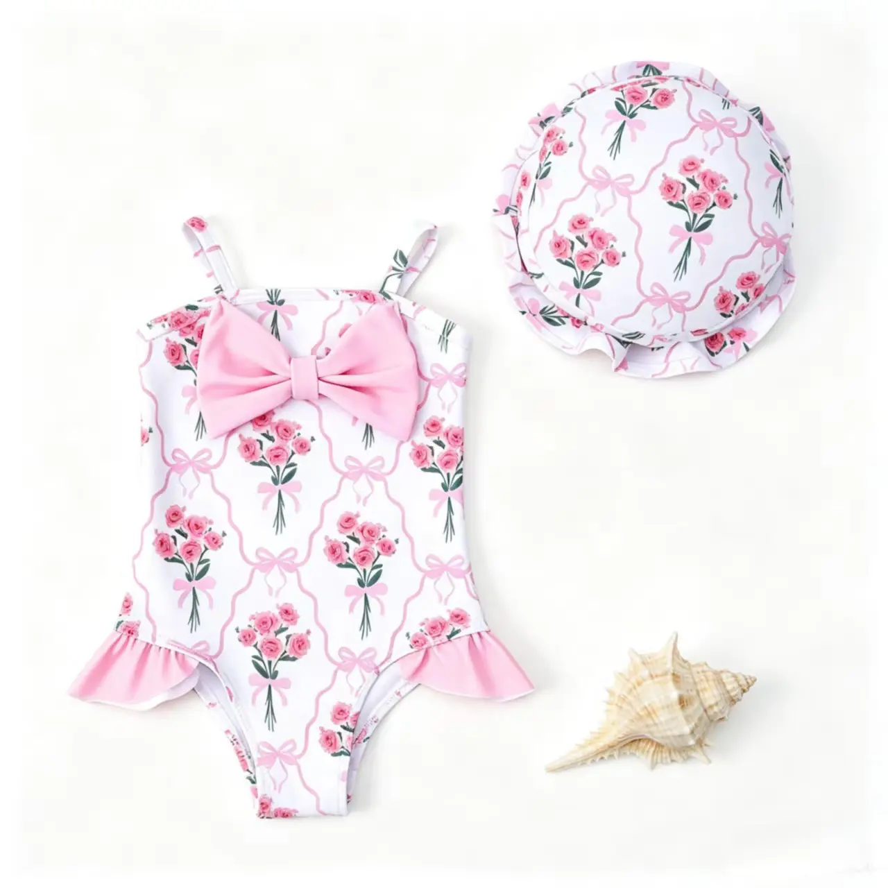 Baby Girl One‑Piece Swimsuit with Matching Sun Hat, Cute Pink Rose Bow Ruffle Toddler Bathing Suit, UPF50+ Kids Beach Swimwear Back to School