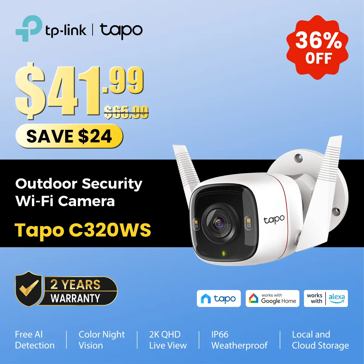 TP-Link & Tapo C320WS Outdoor Security Camera 2K QHD 4MP Starlight Color Night Vision Free AI Detection IP66 Weatherproof 512GB SD Cloud Storage Works with Alexa & Google Home - White