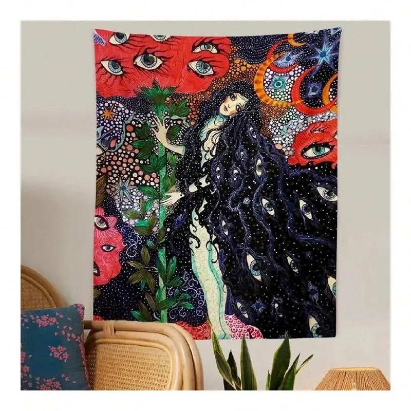 Tapestry Girl Tapestry Wall Hanging Plant Ceiling Tapestry Hippie Eye Wall Carpet Dormitory White Decorative Ceiling Carpet