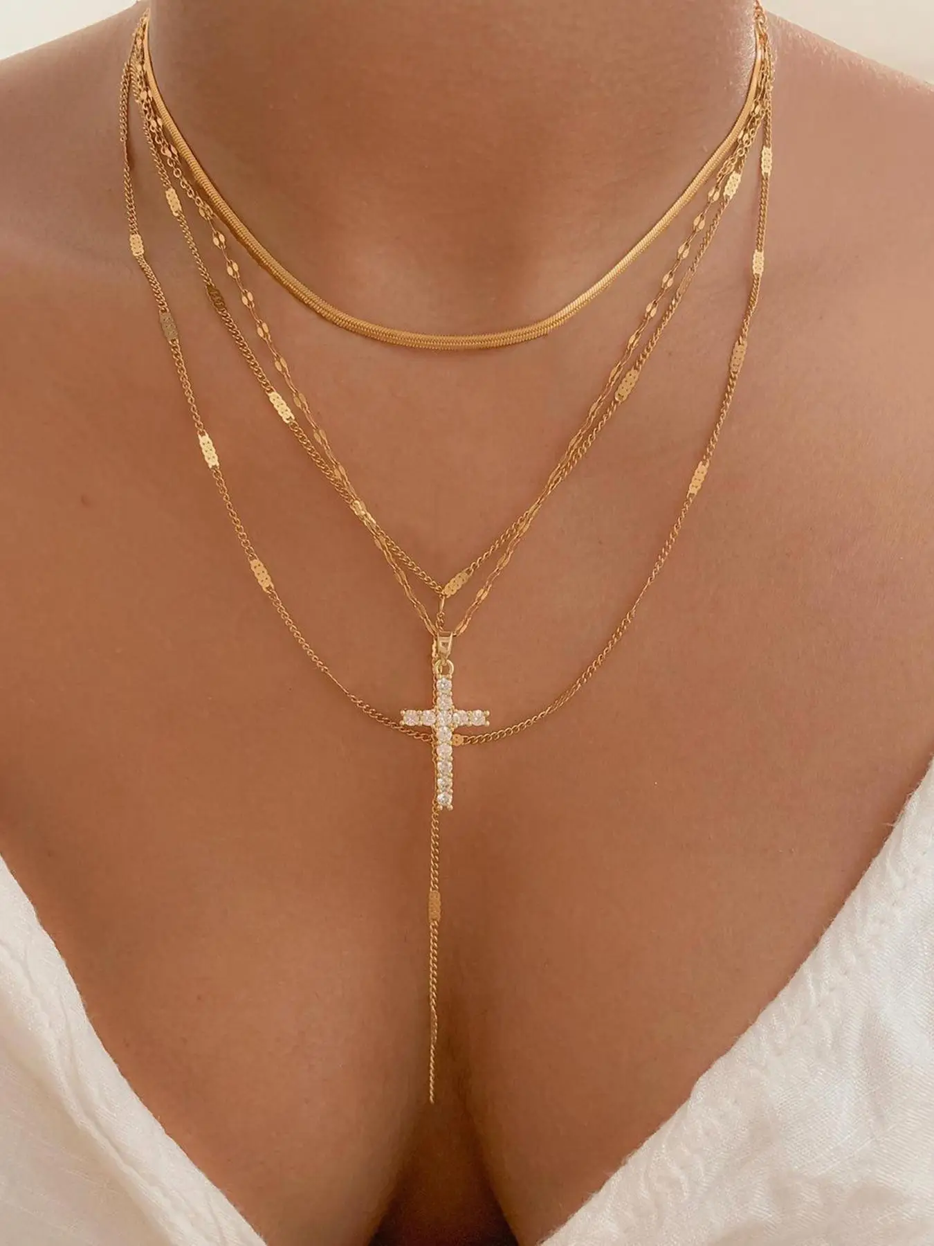 Minimalist Elegant Plain Color Cross Charm Decor Pendant Necklace & Tassel Design Rhinestone Inlaid Necklace, 4 Counts Temperament Necklaces, Fashion