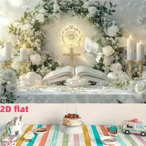 My First Communion Party Backdrop Banner, Indoor Backdrops, polyester fabric, wreath arch and cross, suitable for first communion party decorations, photo booths, parties, birthdays, celebrations, home decor