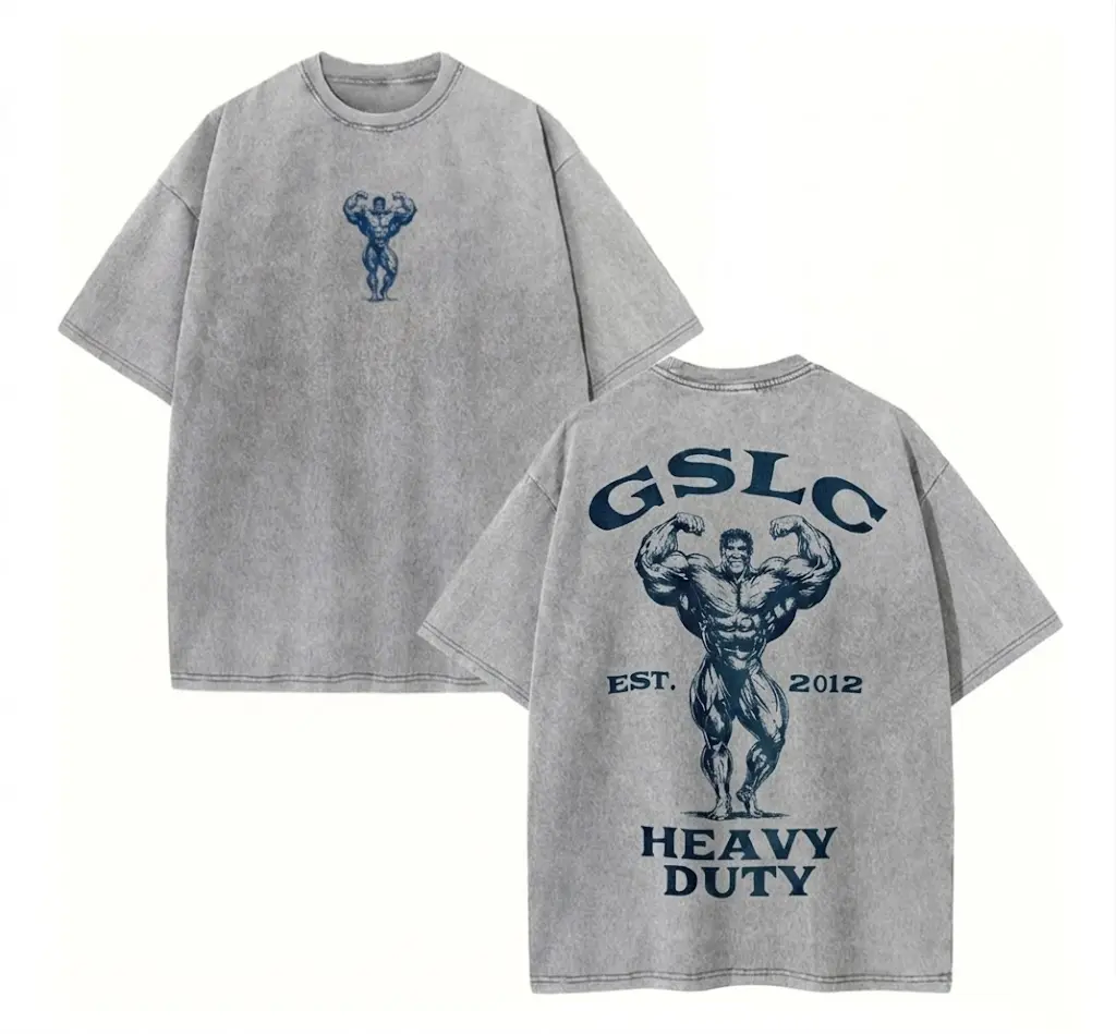 Men's Classic Graphic T-shirt - Vintage Acid Wash Heavyweight 230g Cotton Fabric, Baggy Drop Shoulder Shortsleeve for Gym & Streetwear, Tshirt, Loose, Menswear