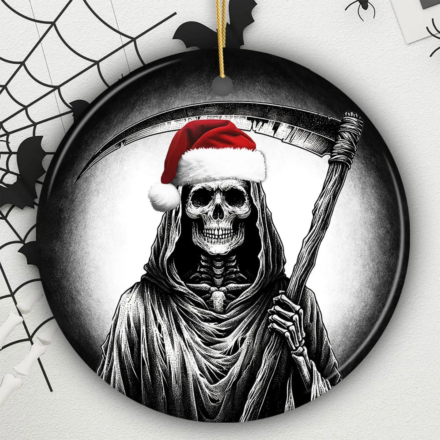 Grim Reaper Ornament, Gothic Horror Holiday Decoration, Skeleton Santa with Scythe, Creepy Xmas Tree Decor, Unique Spooky Gift for Halloween