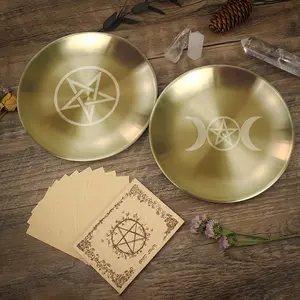 Pentagram & Triple Moon Patterned Stainless Steel Disc Candle Holder + Small Parchment Paper Set | For Ramadan, Holidays, Rituals - Crystal/Rune Display & Ritual Writing, Home Decor, Home Decoration, Home Accessories