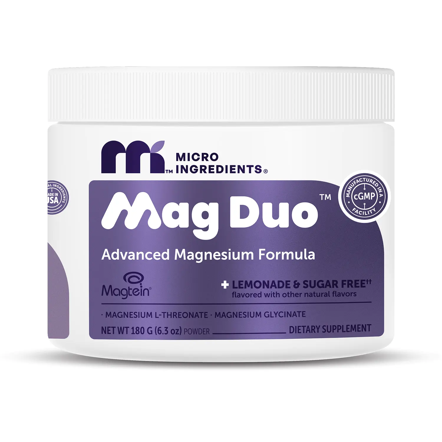 Micro Ingredients Mag Duo Drink Mix, Magnesium L-Threonate (Magtein) with Glycinate Powder- Lemonade Flavors - No Sugar, No Fillers, Non-GMO, No Gluten (30 Servings)