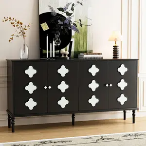Anbuy Modern Black Sideboard with Storage, 4-Door Credenza Cabinet with Black-Framed Quatrefoil Accents for Kitchen, Living Room