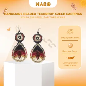 Handmade Beaded Teardrop Czech Earrings - Elegant Statement Wear - Dangle Drop Jewelry with 3.5 Inches Long Dramatic Flair