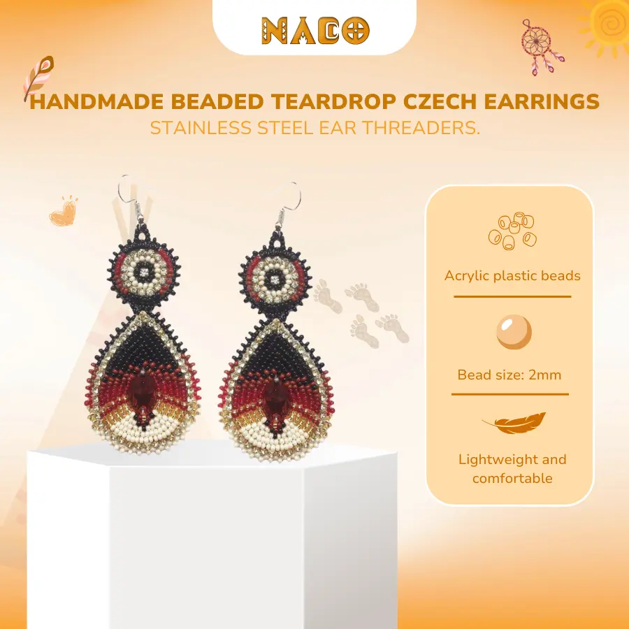 Handmade Beaded Teardrop Czech Earrings - Elegant Statement Wear - Dangle Drop Jewelry with 3.5 Inches Long Dramatic Flair