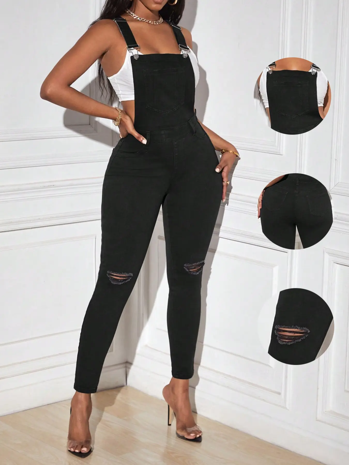 Women's Street Vintage Ripped Skinny High Elastic Denim Overalls Jumpsuit Bib Pants, Elegant Chic Style, Perfect for Casual, Womenswear