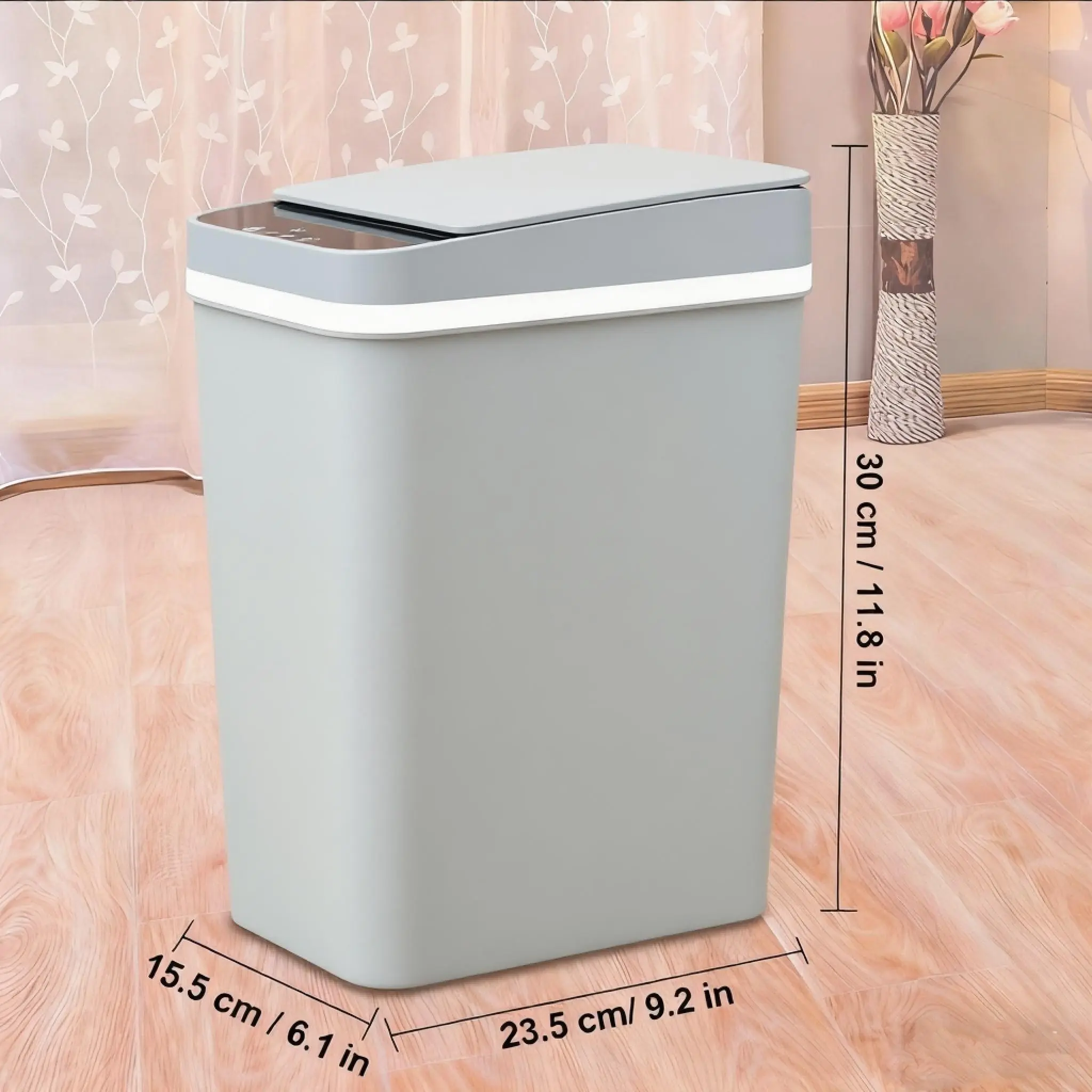 HOT! Grey 12L ABS Smart Sensor Bin - Battery-Operated Touchless Bathroom Trash Can, Compact Size Garbage Cans for Kitchen, Kitchen Trashcan for Restroom, Office (23.5cm*15.5cm*30cm), Automatic Trash Bin