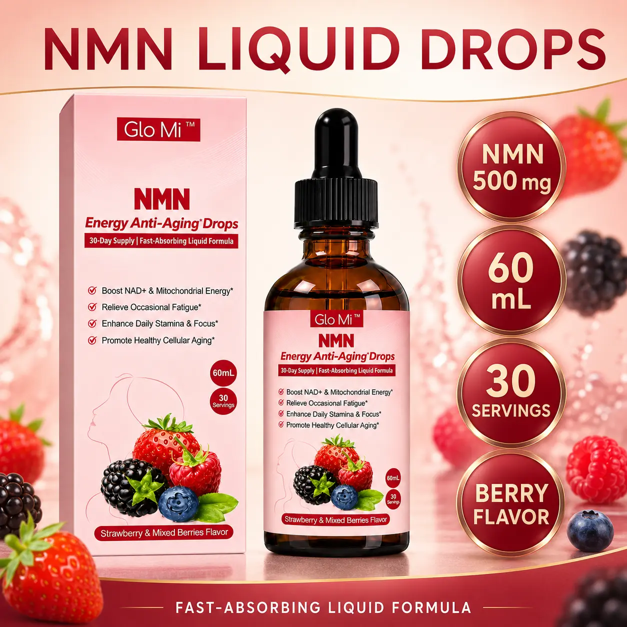 Glo Mi NMN + Resveratrol 1600mg Blend | Advanced NAD+ Liquid Supplement with 500mg NMN, AKG, TMG, CoQ10, PQQ & Ergothioneine | Multi-Ingredient Formula Supporting Cellular Energy, Healthy Aging & Antioxidant Activity | Berry Flavor | 30 Servings