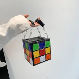 Creative Bag for Women, Color-Block Fashion Cute Cube Shape Chain Handbag Crossbody Bag