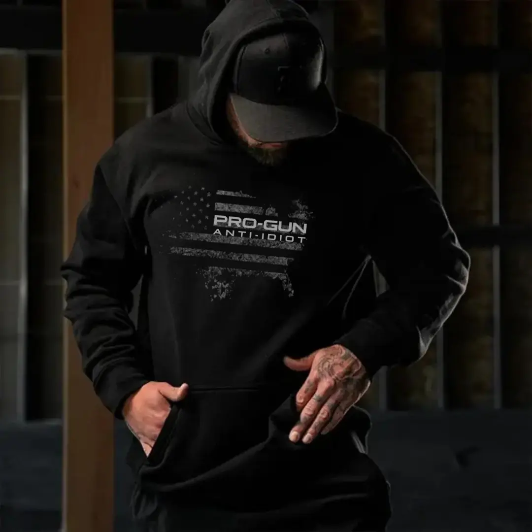 Pro-Gun Anti-Idiot Distressed American Flag Hoodie – Second Amendment Tactical Graphic Sweatshirt