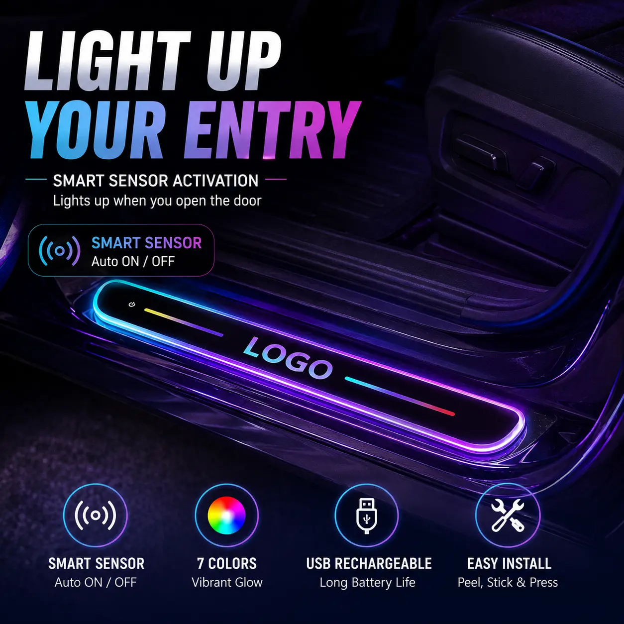 LED Car Door Sill Lights, USB Rechargeable Car Door Sill Protector, Dynamic RGB Moving Ambient Light Welcome Pedal Path Lamps, Universal Custom Logo Decor for Men Women
