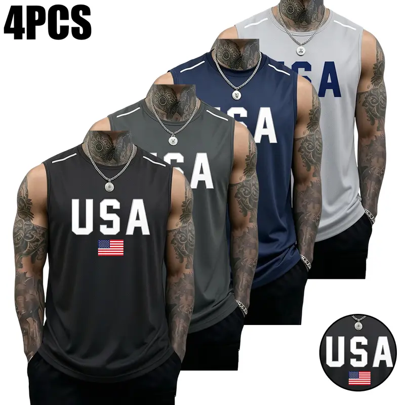 SummerWins Men’s 4PCS Regular Polyester Basic Tank Tops - Modest, Soft, Solid Color, Creative USA Flag Print, Athletic Top, Chic, Sexy, Fitness Shirt, Street Style, Versatile Sleeveless Vest, All Seasons Wear, Ideal Men’s Gift, Casual Workout Essential