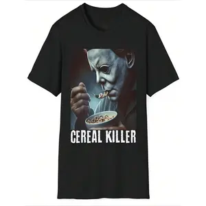 Men's  Halloween Horror Movie T-Shirt - Black Cereal Killer Graphic Tee, Soft Breathable Cotton Shirt , Horror Fan Gifts & Casual Attire - Perfect For  Parties & Slasher Film Fans, Themed Party Outfit, Spooky Design, Lightweight Tee