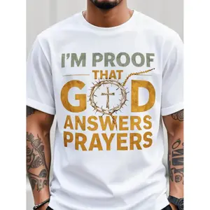 Men'S Christian T-Shirt "I Am the Proof of God'S Response to Prayer" | Golden Letters and Crown Cross Design, Ultra Soft Breathable Blend Fabric, White and Black Round Neck Short Sleeve, Suitable for Church, Casual Style, Regular Fit