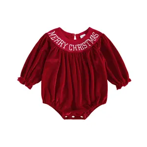 Infant Newborn Baby Girl Christmas Velvet Romper Happy Christmas Embroidered Crew Neck Long Sleeve Infant Winter Jumpsuit