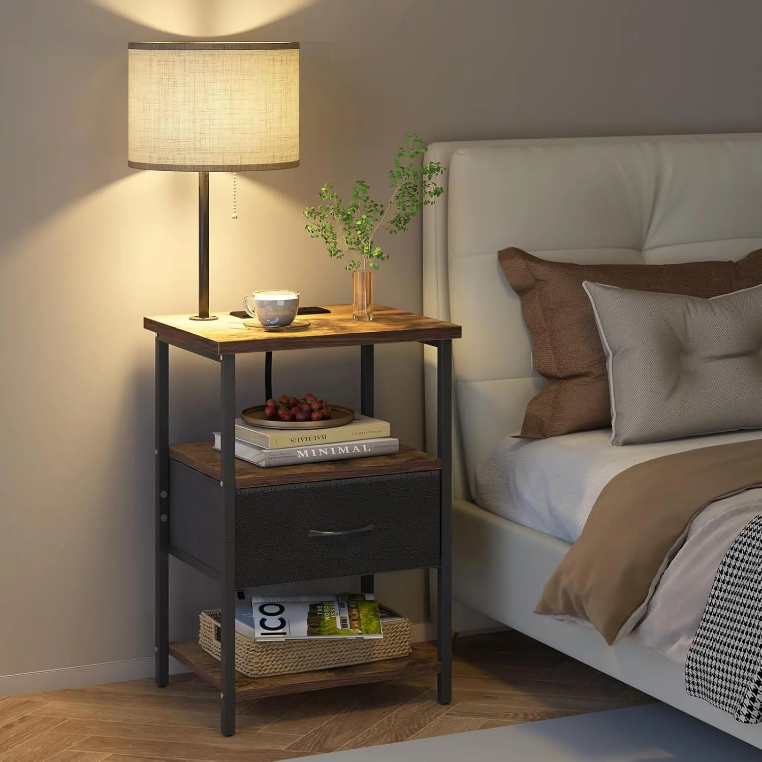 【Summergarden】Nightstand with Lights Bedside Table with 3 Color Temperatures Bulb, Night Stand with Charging Station End Table with Adjustable Fabric Drawer for Bedroom Dorm