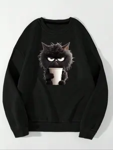Men's Cartoon Cat Print Drop Shoulder Lounge Sweatshirt, Regular Fit Casual Soft Comfy Long Sleeve Round Neck Lounge Pullover for Spring & Fall, Fashion Men's Loungewear for Daily Wear