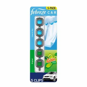 Feb-reze Car Air Freshener Vent Clips Linen & Sky Gain Original Scents 5 Count Odor Eliminator with 3X Control Intensity Dial for Long Lasting Freshness