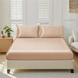 Solid Color Satin Fitted Sheet Set, 1 Count Fitted Sheet & 2 Counts Pillowcases without Filler, Soft Breathable Bedding Set for Home Bedroom Hotel