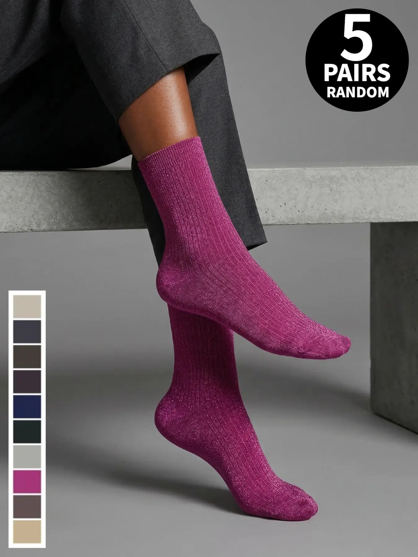 5 Pairs of Minimalist Solid-Color Women's Mid-Calf Socks Shimmering Gold and Silver Thread Mid-Calf Socks Perfect for Dances, Parties, and Everyday Wear All-Season Style