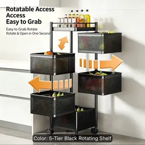 5-Tier Rotating Mesh Basket Storage Cart with Wheels, 360° Rotatable Rollable Rack for Kitchen, Bathroom, Convenient Access Organizer