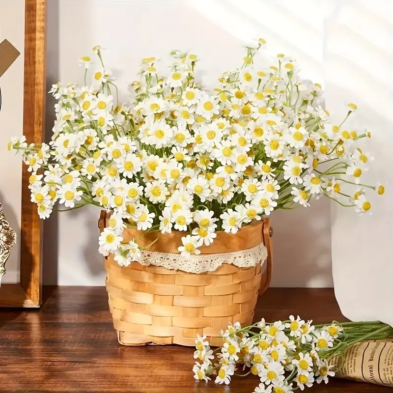 60/120 Artificial Daisy Bouquet, Artificial Flower Decoration, White Chrysanthemum Flowers and Yellow Buds, Maintenance-Free Plastic Fake Flower Decor, Fake Floral Decor, Suitable for Weddings, DIY Home Decor, Table Centerpiece