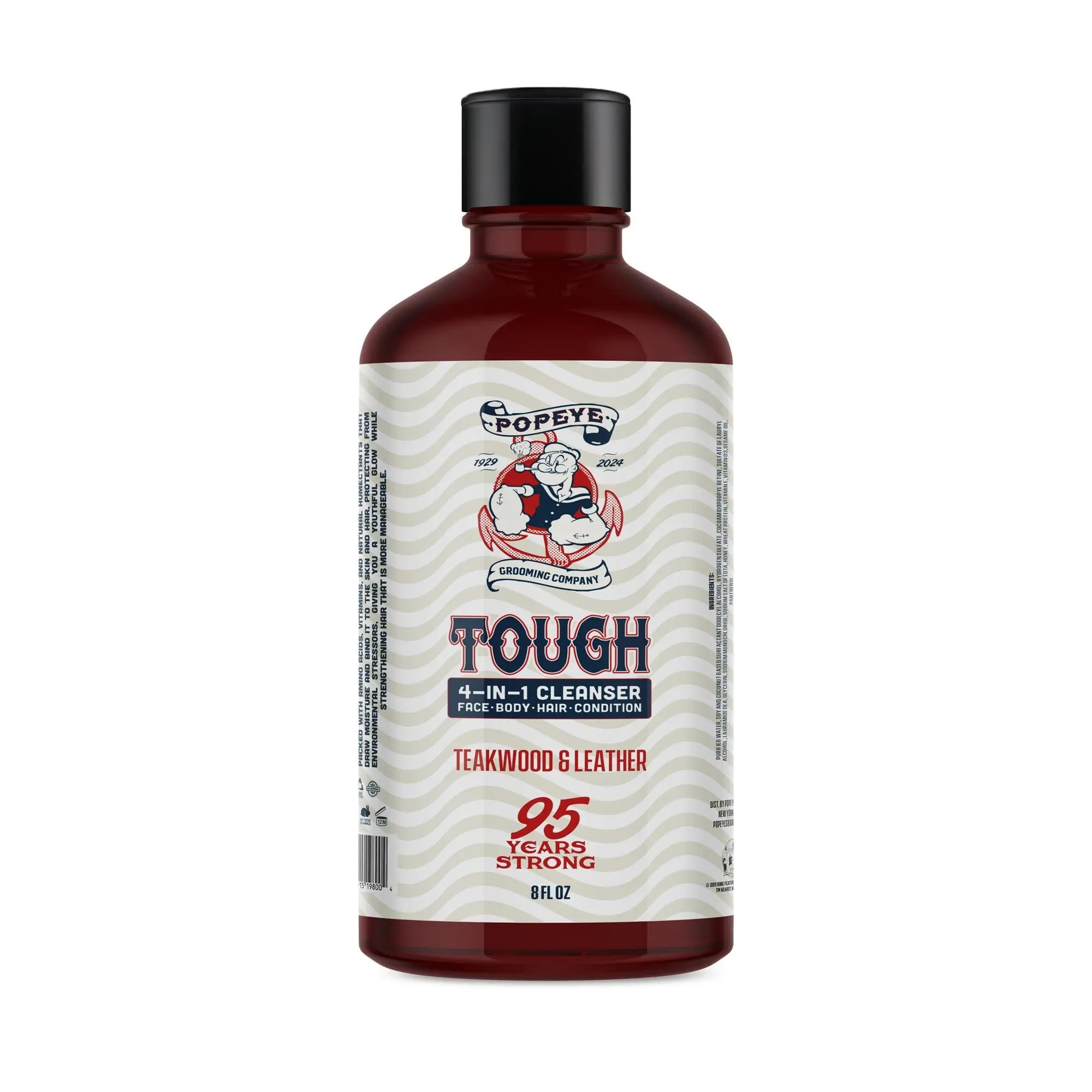 Popeye Shaving Co Tough Men's 4-in-1 Face Body Hair Conditioner Cleanser 8oz Leather Cedar Scent Moisturizing Aftershave Foam - Moisture Blend Cleansing Cleansing Daily Facial Wash