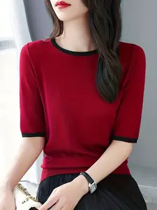 Women's Fashionable Minimalist Loose-Fitting Knit Sweater, Round Neck, Thin Lightweight Layering Top, Stylish Half-Sleeve Pullover, Versatile Casual Wear, Womenswear Knitwear, Knit Sweater Sleeves
