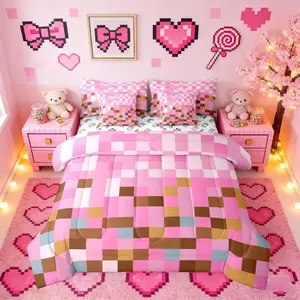 Pixelated Grid Bed Set,in a Bag 7 Pieces,Games Gamepad Miners Kids Comforter Set,Geometric Grid Square Pink Blocks Bedding Set with 1 Comforter,2 Sheets,2 Pillowcases & 2 Throw Pillow Covers