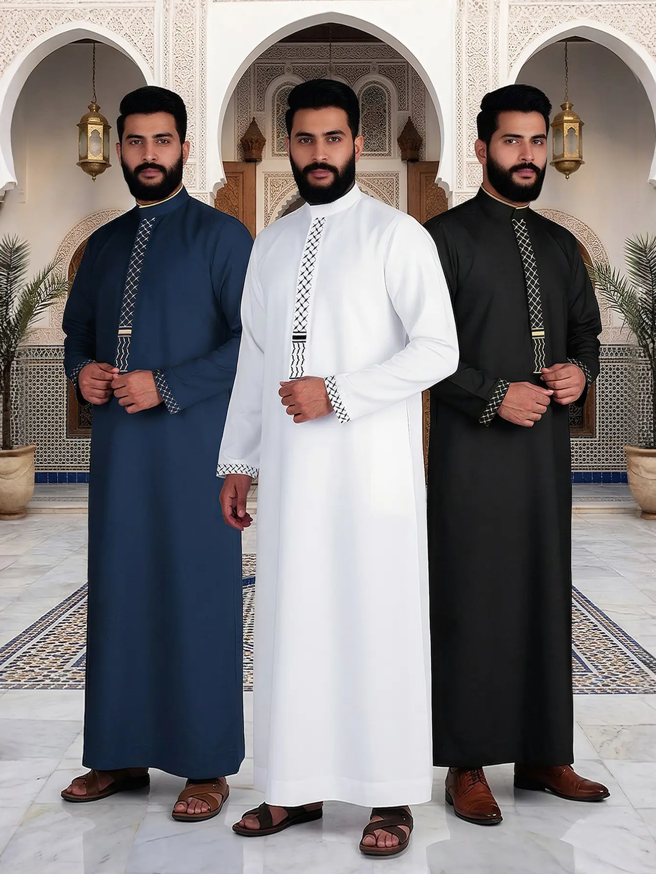 Men’s Saudi Thobe, Embroidered Traditional Arab Robe, Muslim Jubba for Ramadan, Eid & Everyday Wear