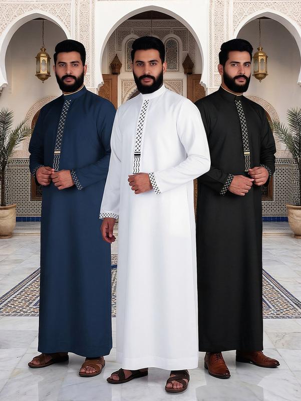 Men’s Modern Thobe, Embroidered Traditional Arab Robe, Muslim Jubba for Ramadan, Eid & Everyday Wear