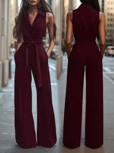Women's Elegant Collared Sleeveless Belted Bow Pocket Wide Leg Jumpsuit, Slim Fit Plain Long Romper for Work Dating Summer Party Womenswear