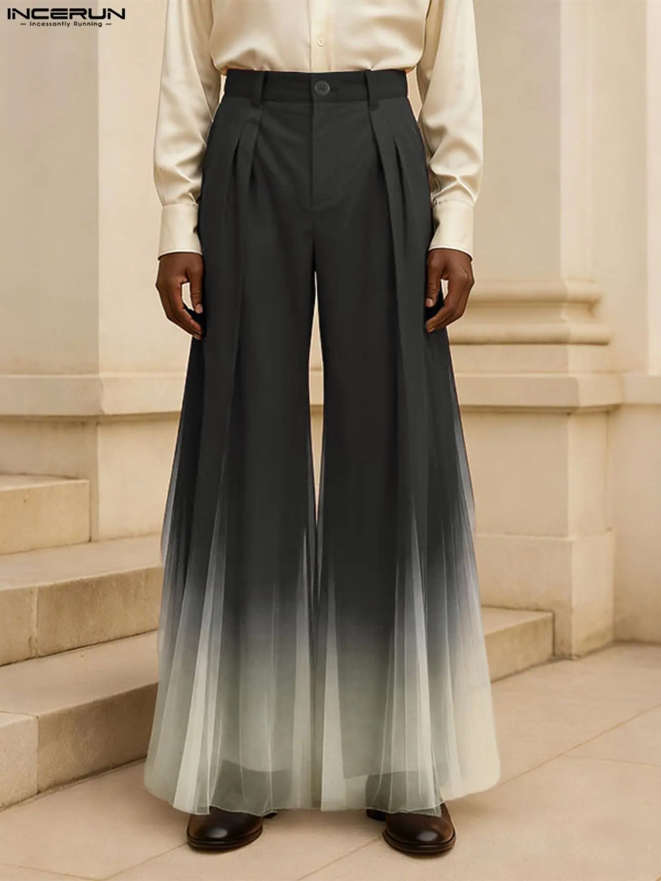 INCERUN Men's Fashion Casual Loose Fit Printed Gradient Ombre Mesh Mosquito Net Long Pants, Comfortable and Breathable Summer Wear Trouser