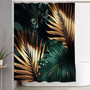1/4pcs Tropical Leaf Shower Curtain Set, 4-Piece Dark Green & Gold Palm Fern Bathroom Decor - Includes Shower Curtain, 2 Bath Mats, Toilet Seat Cover for Modern Luxury Spring Summer Home Decor, Perfect for Bathroom Makeover